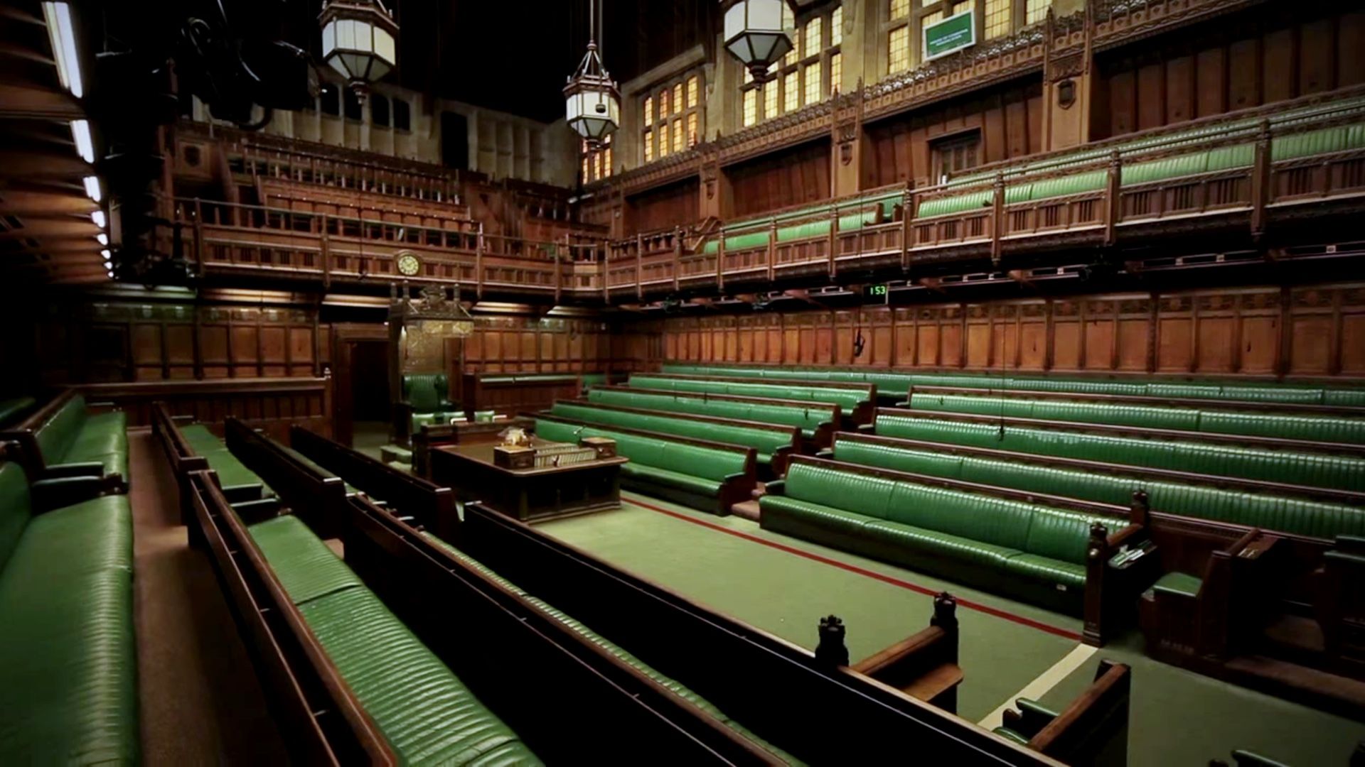 The empty House of Commons chamber with its green benches, where the Chancellor delivers the Budget
